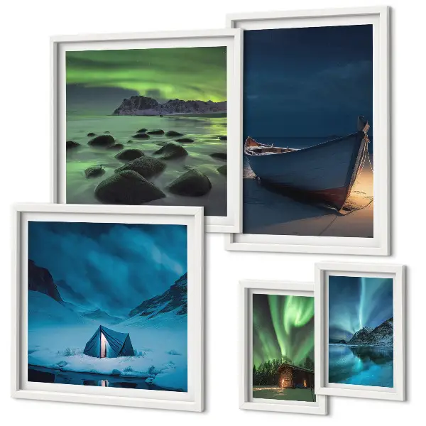 Set de 5 cuadros para salón con diseño de paisajes invernales y auroras boreales