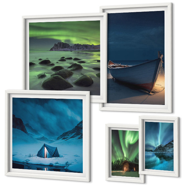 Set de 5 cuadros para salón Paisajes invernales con auroras boreales