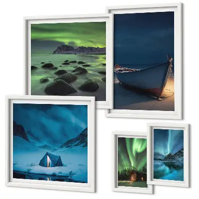 Set de 5 cuadros para salón con diseño de paisajes invernales y auroras boreales