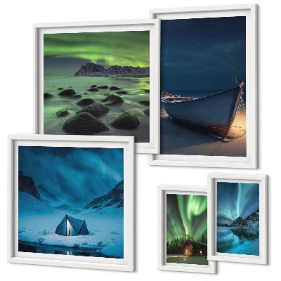 Set de 5 cuadros para salón Paisajes invernales con auroras boreales