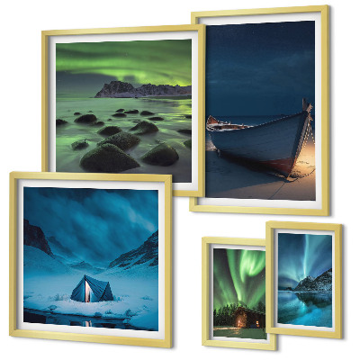 Set de 5 cuadros para salón Paisajes invernales con auroras boreales