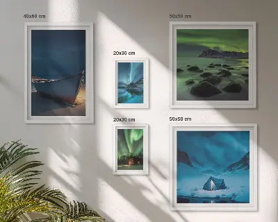 Set de 5 cuadros para salón con diseño de paisajes invernales y auroras boreales