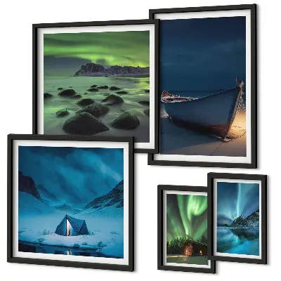 Set de 5 cuadros para salón con diseño de paisajes invernales y auroras boreales