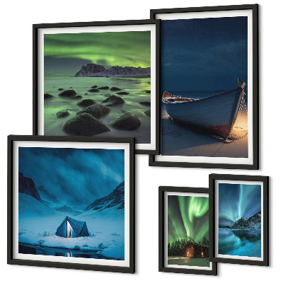 Set de 5 cuadros para salón Paisajes invernales con auroras boreales