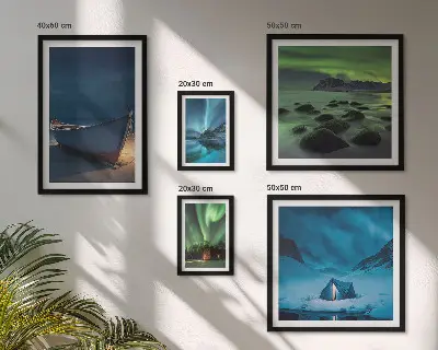 Set de 5 cuadros para salón con diseño de paisajes invernales y auroras boreales