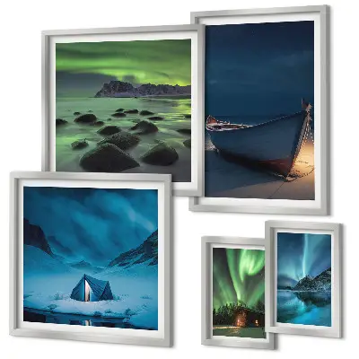 Set de 5 cuadros para salón con diseño de paisajes invernales y auroras boreales