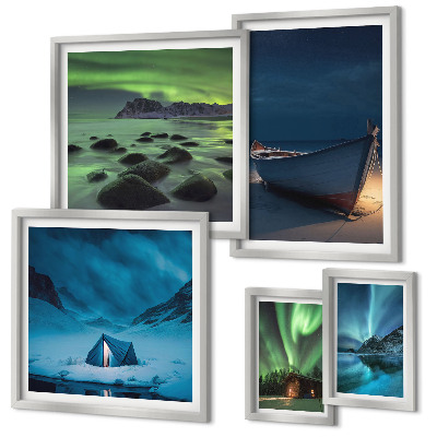 Set de 5 cuadros para salón Paisajes invernales con auroras boreales