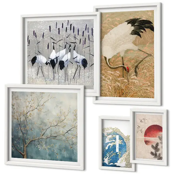 Pared galería de arte conjunto de pinturas de naturaleza con representaciones de aves