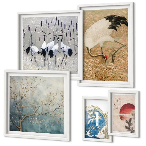 Pared galería de arte Elegantes pinturas de naturaleza con representaciones de aves.