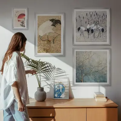 Pared galería de arte conjunto de pinturas de naturaleza con representaciones de aves