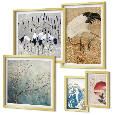 Pared galería de arte conjunto de pinturas de naturaleza con representaciones de aves