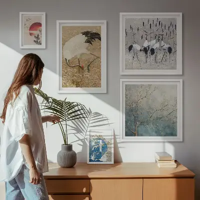 Pared galería de arte conjunto de pinturas de naturaleza con representaciones de aves