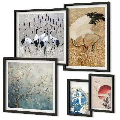 Pared galería de arte conjunto de pinturas de naturaleza con representaciones de aves