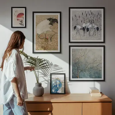 Pared galería de arte conjunto de pinturas de naturaleza con representaciones de aves