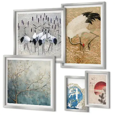 Pared galería de arte conjunto de pinturas de naturaleza con representaciones de aves
