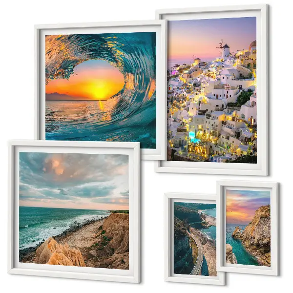 Set de 5 cuadros para salón con diseño de paisajes costeros y playas