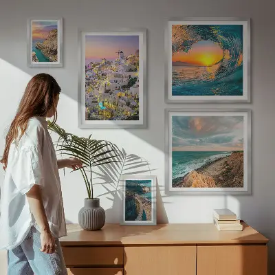Set de 5 cuadros para salón con diseño de paisajes costeros y playas