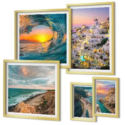 Set de 5 cuadros para salón con diseño de paisajes costeros y playas