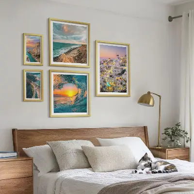 Set de 5 cuadros para salón con diseño de paisajes costeros y playas