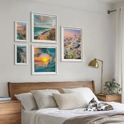 Set de 5 cuadros para salón con diseño de paisajes costeros y playas