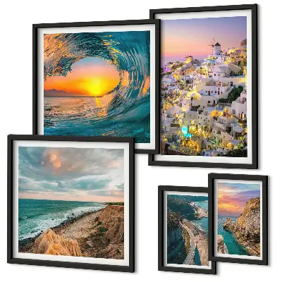 Set de 5 cuadros para salón con diseño de paisajes costeros y playas