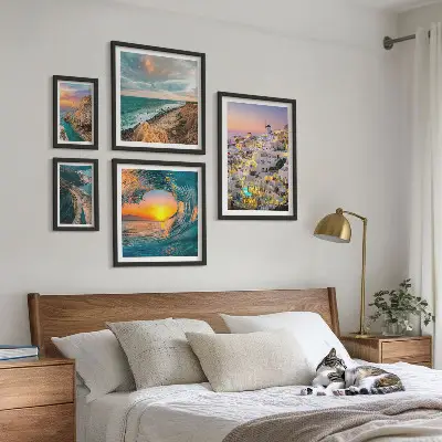 Set de 5 cuadros para salón con diseño de paisajes costeros y playas