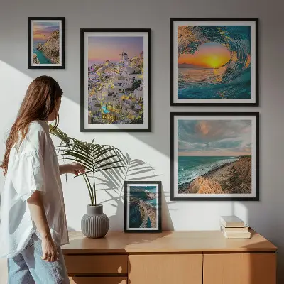 Set de 5 cuadros para salón con diseño de paisajes costeros y playas