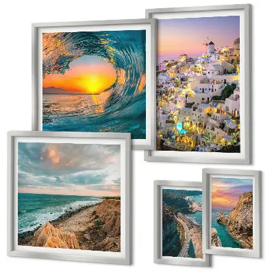 Set de 5 cuadros para salón con diseño de paisajes costeros y playas