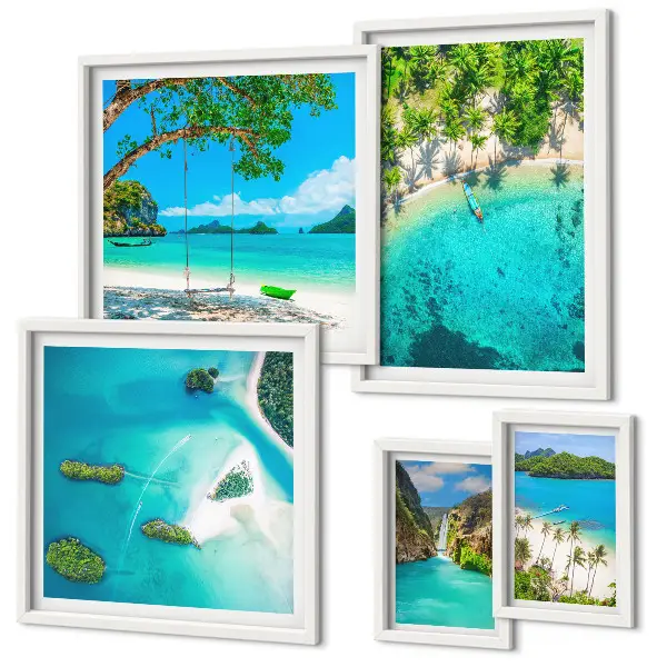 Pared galería de arte playas tropicales y aguas paradisíacas