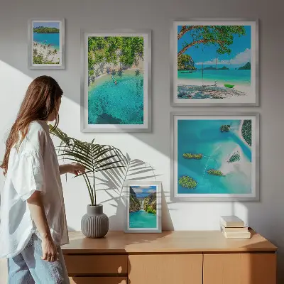 Pared galería de arte playas tropicales y aguas paradisíacas