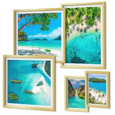 Pared galería de arte playas tropicales y aguas paradisíacas