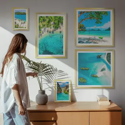 Pared galería de arte playas tropicales y aguas paradisíacas