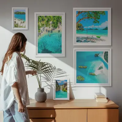 Pared galería de arte playas tropicales y aguas paradisíacas