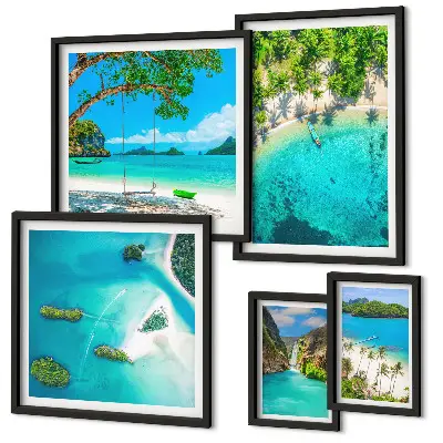 Pared galería de arte playas tropicales y aguas paradisíacas