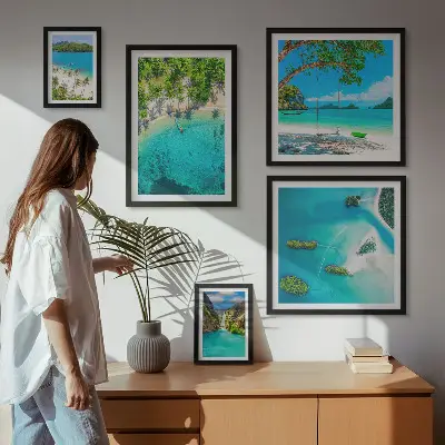 Pared galería de arte playas tropicales y aguas paradisíacas
