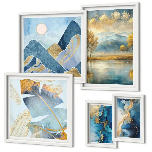 Conjunto de cuadros decorativos con paisajes de montaña y plantas de estilo elegante
