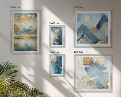 Conjunto de cuadros decorativos con paisajes de montaña y plantas de estilo elegante