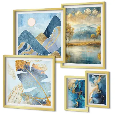 Conjunto de cuadros decorativos con paisajes de montaña y plantas de estilo elegante