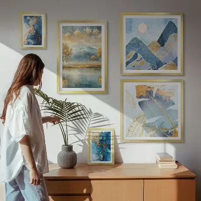 Conjunto de cuadros decorativos con paisajes de montaña y plantas de estilo elegante