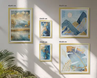 Conjunto de cuadros decorativos con paisajes de montaña y plantas de estilo elegante