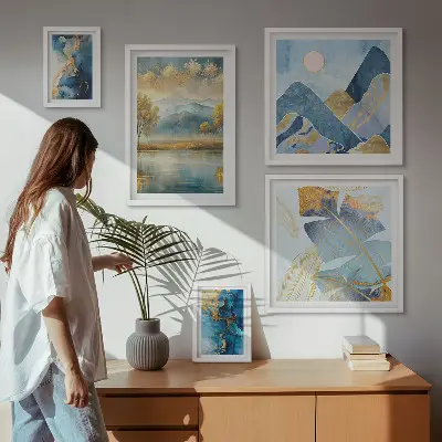 Conjunto de cuadros decorativos con paisajes de montaña y plantas de estilo elegante