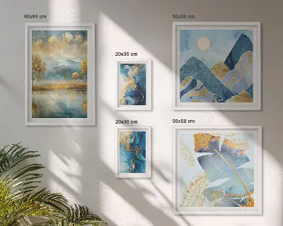 Conjunto de cuadros decorativos con paisajes de montaña y plantas de estilo elegante