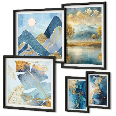 Conjunto de cuadros decorativos con paisajes de montaña y plantas de estilo elegante