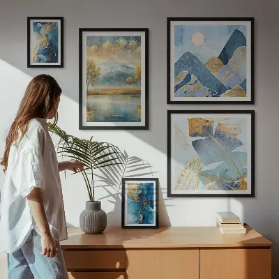 Conjunto de cuadros decorativos con paisajes de montaña y plantas de estilo elegante