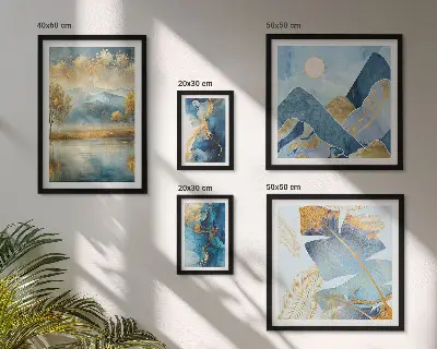 Conjunto de cuadros decorativos con paisajes de montaña y plantas de estilo elegante