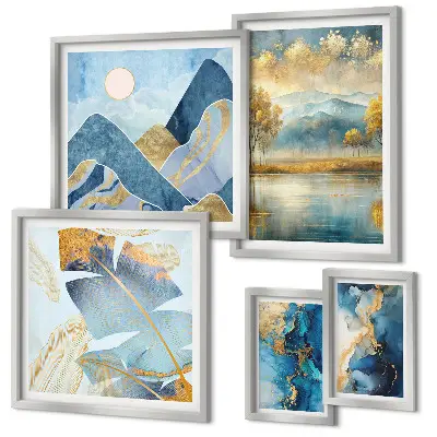 Conjunto de cuadros decorativos con paisajes de montaña y plantas de estilo elegante