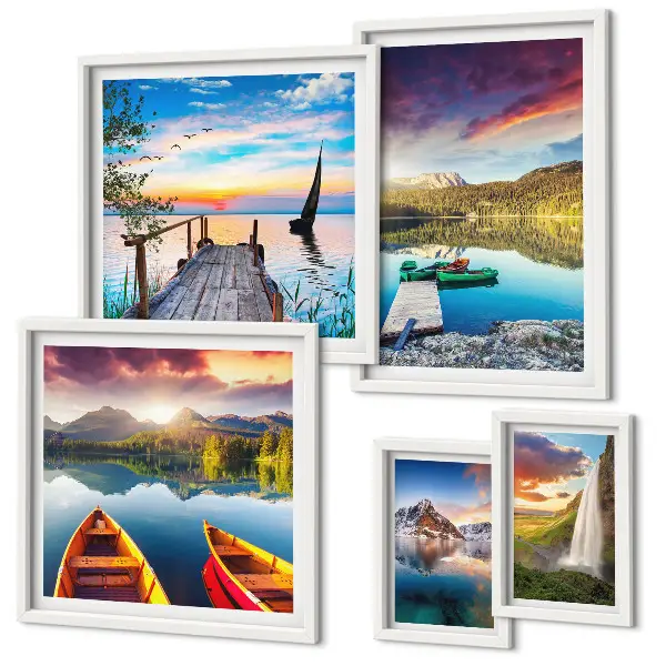 Set de 5 cuadros para salón con paisajes de cascadas y lagos