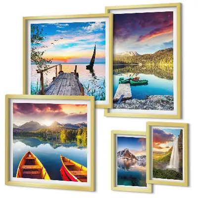 Set de 5 cuadros para salón con paisajes de cascadas y lagos