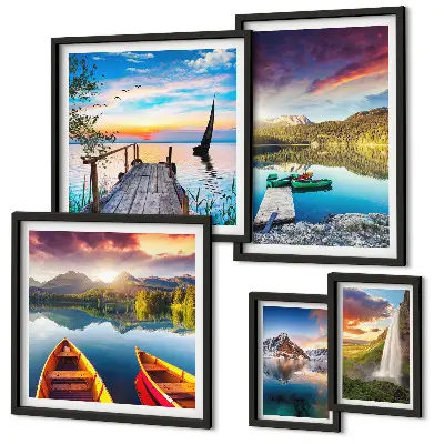 Set de 5 cuadros para salón con paisajes de cascadas y lagos