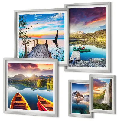 Set de 5 cuadros para salón con paisajes de cascadas y lagos